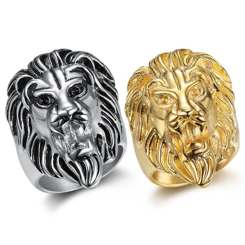 HIPHOP Titanium Steel Gold-plated Two-tone Lion Head Men's Ring