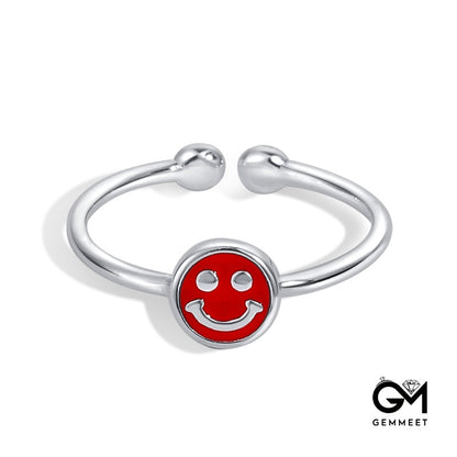 S925 sterling Silver Red Dripping Smiley Ring