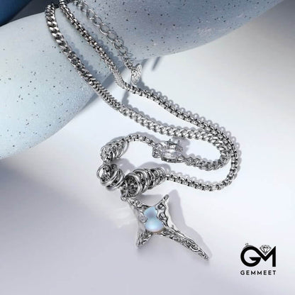 Moonstone Pleated Star Pendant Alloy Necklace