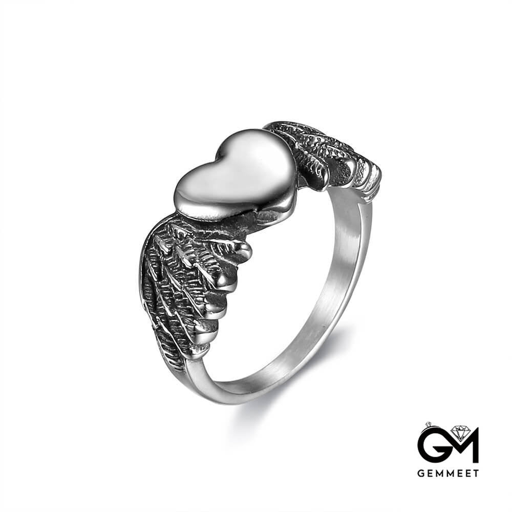 Titanium Steel Vintage Motorcycle Wind Heart Wing Ring