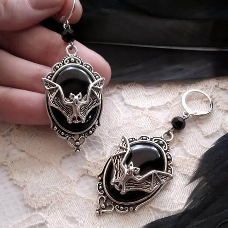 Obsidian & Ruby Halloween Bat Earrings