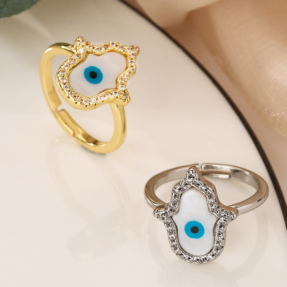 Hamsa Evil Eye Halos Stones Signet Ring