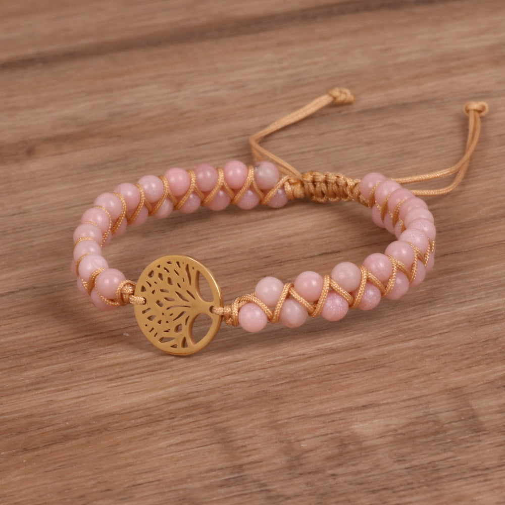 Double Woven Bracelet with Tree Pendant Pink Diamond Stone Bead