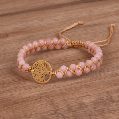 Double Woven Bracelet with Tree Pendant Pink Diamond Stone Bead