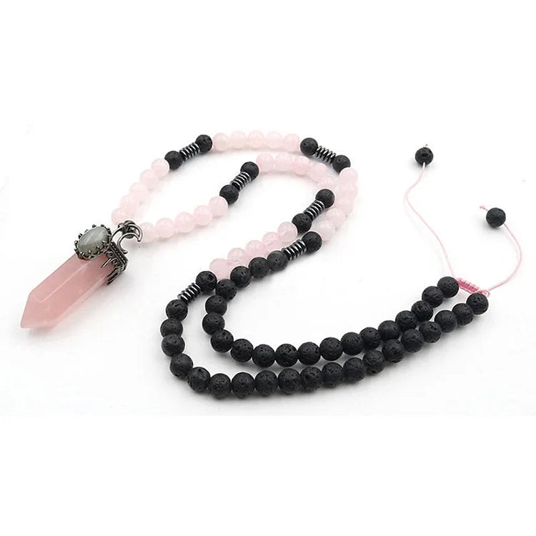 Natural Crystal Hexagon Prism Pendant Mala Necklace