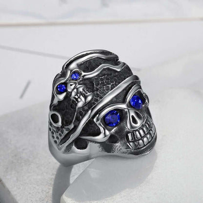 Men Stainless Steel With Sapphire Biker Skull Ring