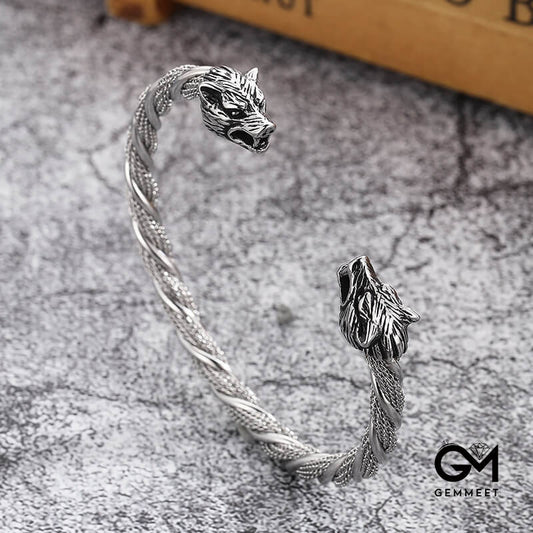 Double Wolf Head Snake Head Punk Titanium Steel Bracelet