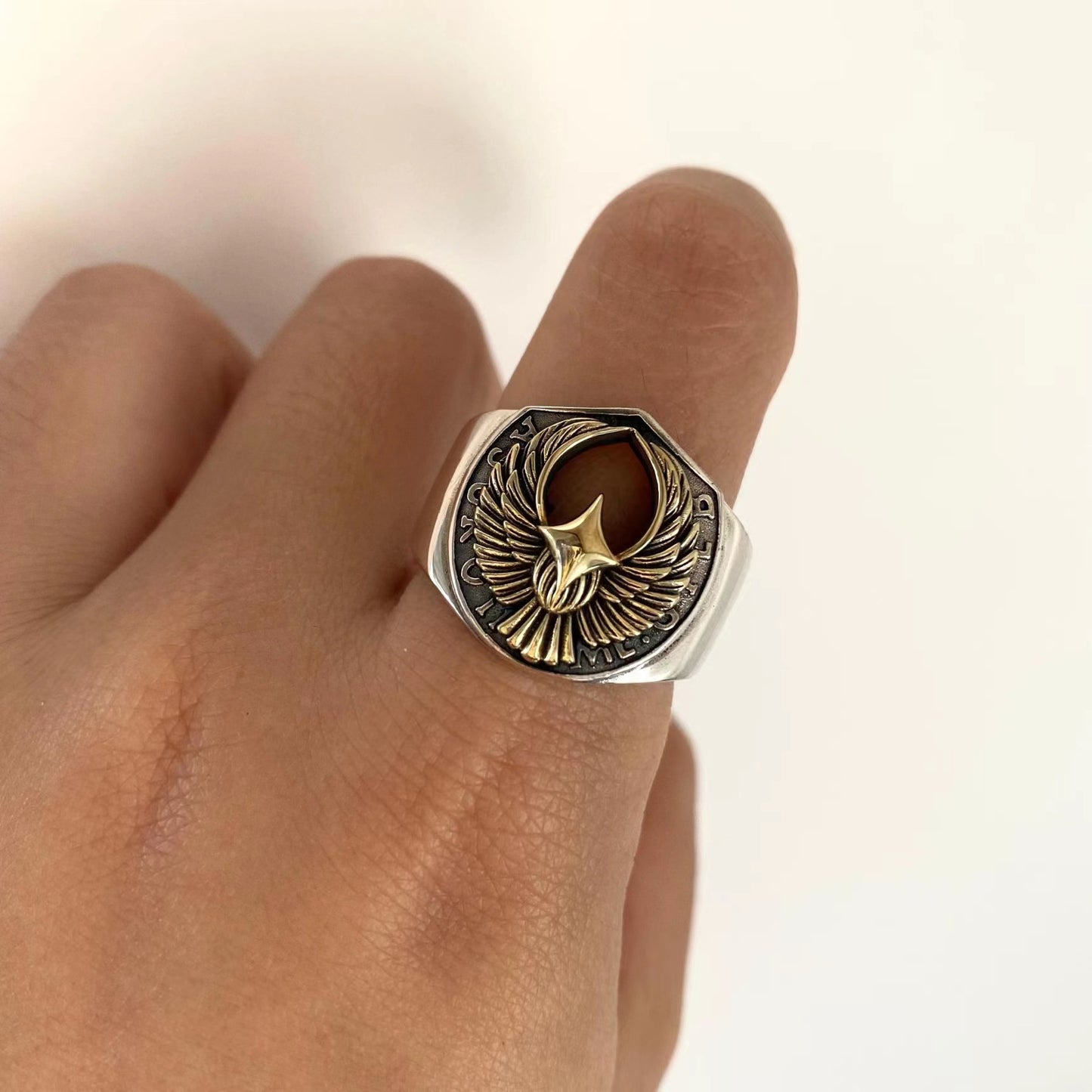 Vintage Letters Flying Eagle Inked Open Ring