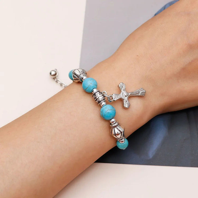 Turquoise Beaded Silver Cross Pendant Bracelet