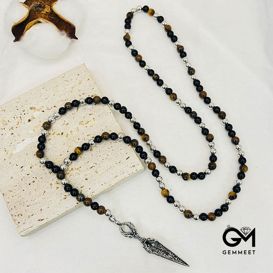 Tiger Eye Stone Geometric Pendant Rosary Necklace