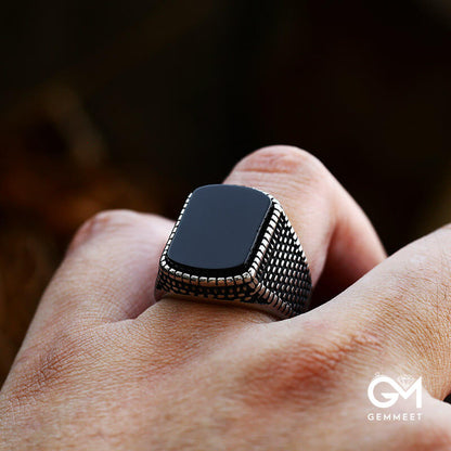 Vintage Titanium Steel Black Stone Ring