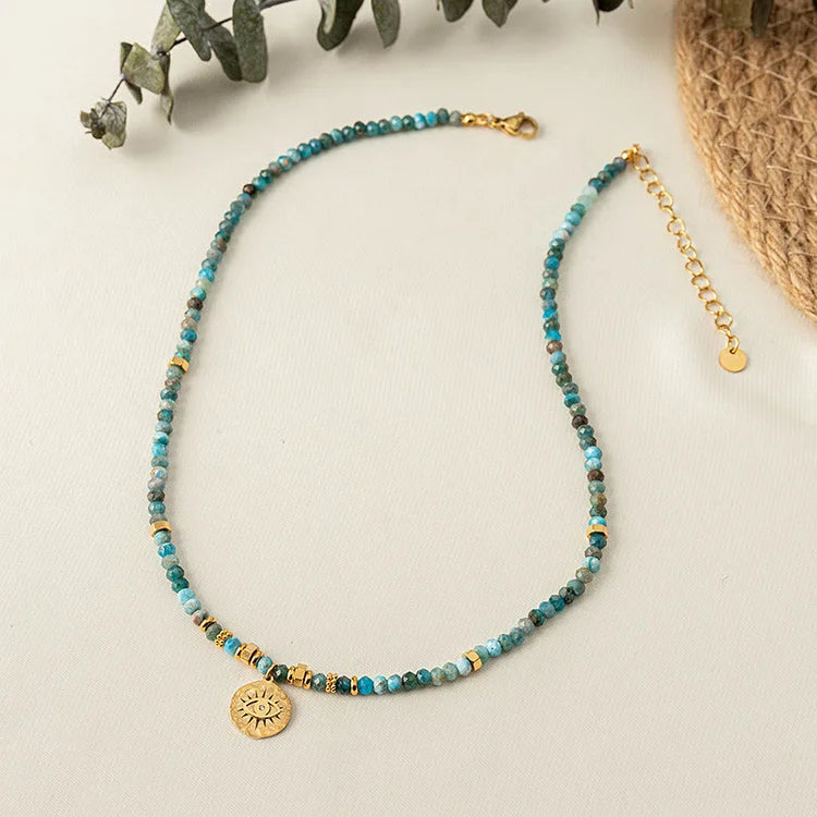 Natural Blue Turquoise Beaded Evil Eye Necklace