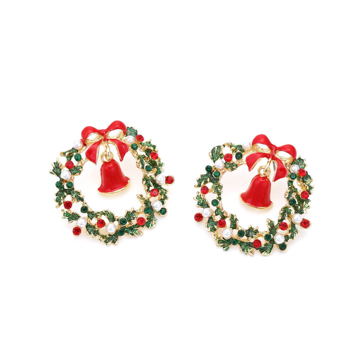 Christmas Alloy Drop Oil Inlaid Zircon Leaf Wreath Earrings Bow Knot Bell Earrings