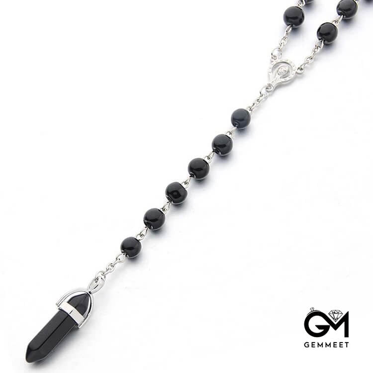 Obsidian Christianity Crystal Hexagon Pendant Rosary Necklace