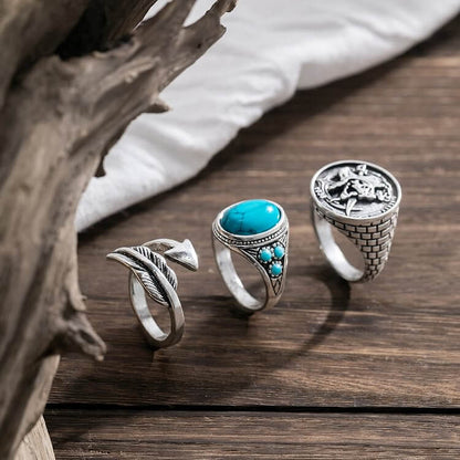 Turquoise Arrow Feather Skull Ring Set