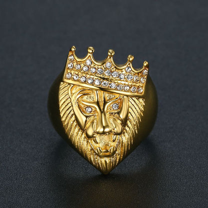 HIPHOP Jewelry Gold-plated Inlaid Zircon Crown Lion Head Ring