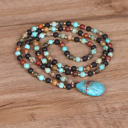 Turquoise Drop Shape Pendant Mala Beaded Necklace