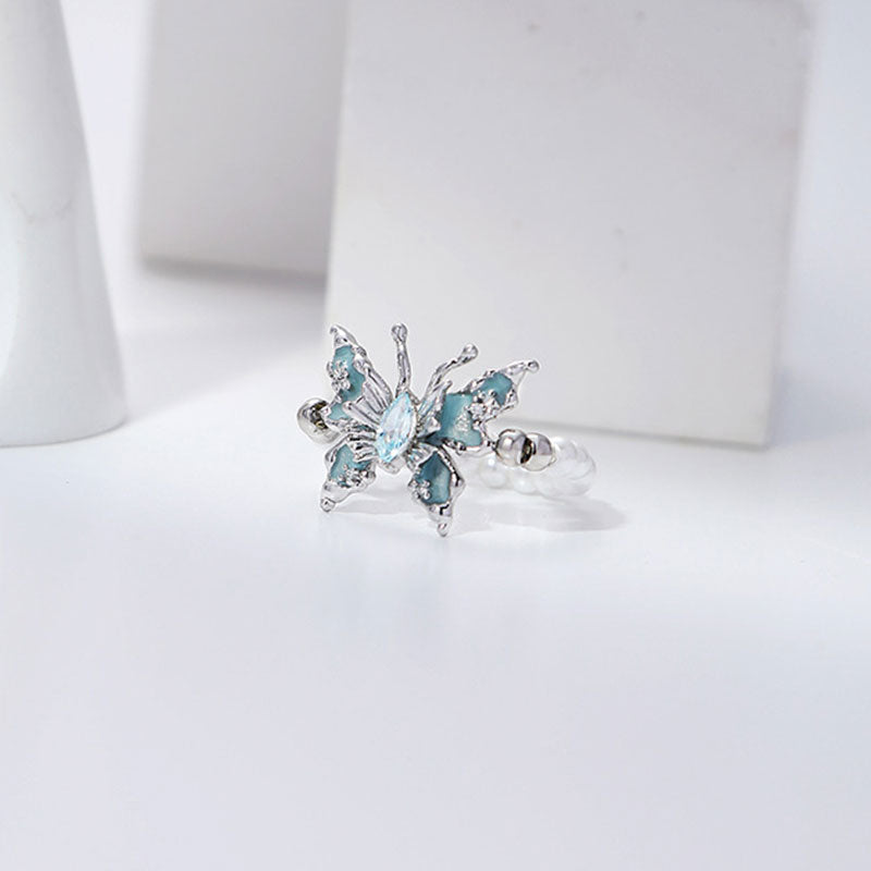 Retro Temperament Blue Oil Drop Butterfly Pearl Ring