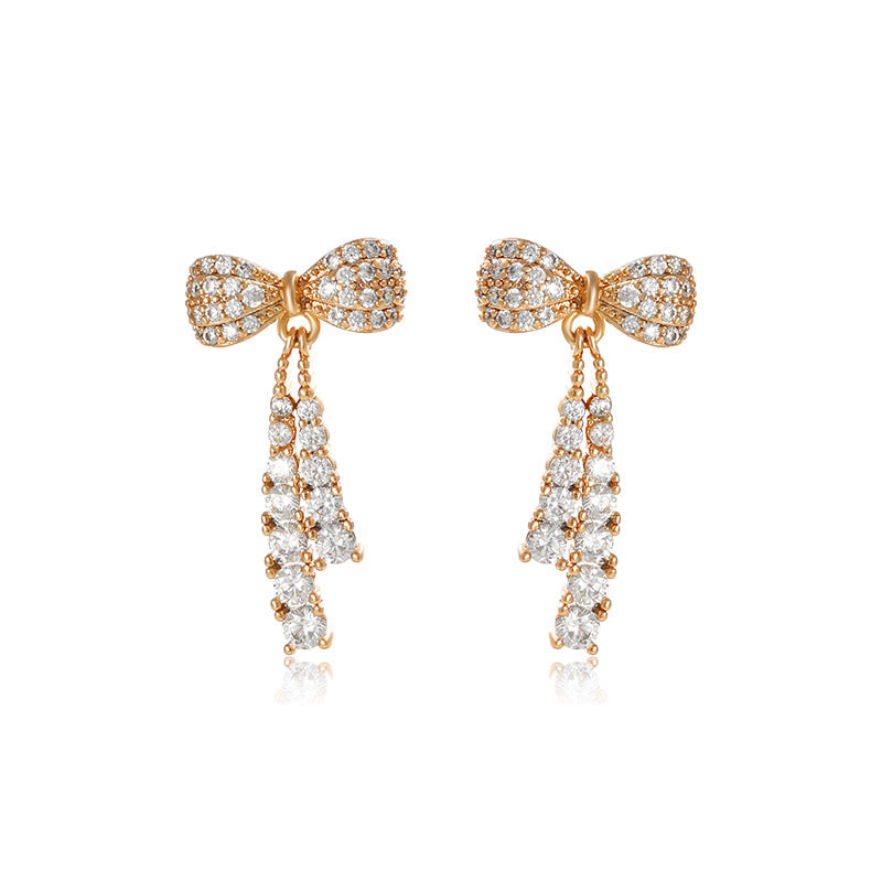 Micro Paved Zircon Tassel Bow Earrings for Women