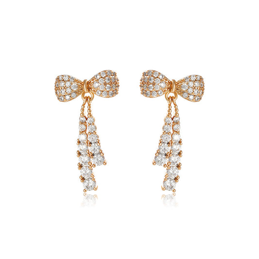 Micro Paved Zircon Tassel Bow Earrings for Women