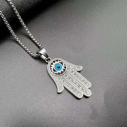 Hiphop Gold Plated Zircon Blue Eyes Hand of Fatima Pendant