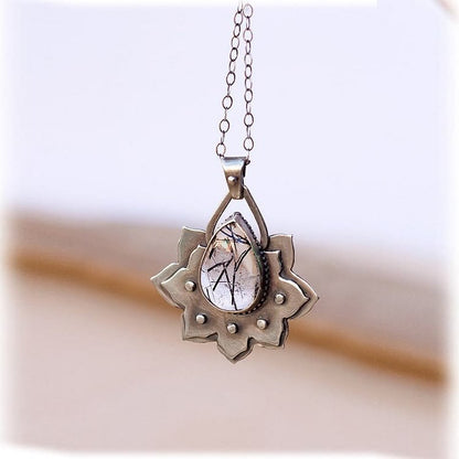 Double Lotus Drop Shaped Cat's Eye Stone Necklace