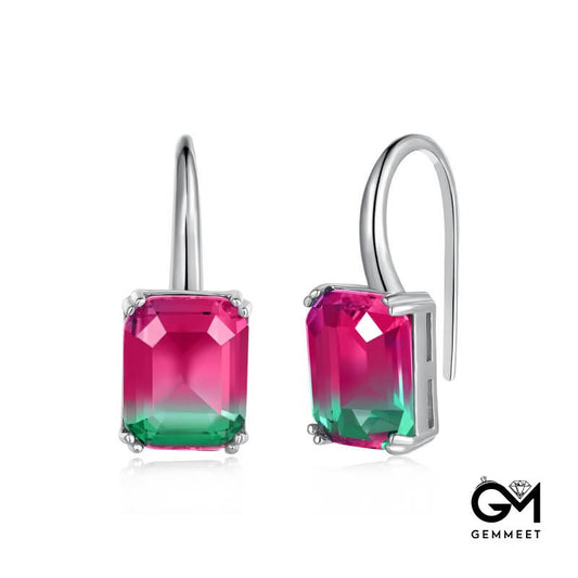 S925 Silver Oblong Red Green Gradient Tourmaline Earrings