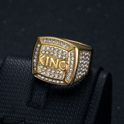 New Hip-hop HIPHOP Ring Titanium Steel Vacuum Gold-plated Synthetic Cubic Zirconia KING King Men's Ring