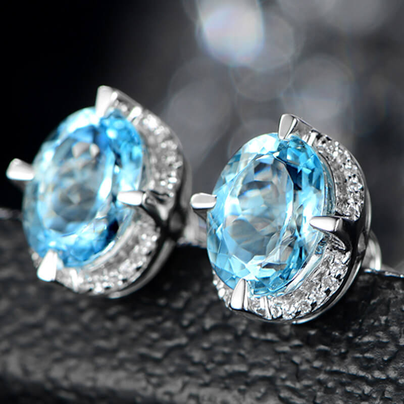 Temperament Sea Blue Imitation Crystal Gemstone Earrings Four-claw Low-luxury Diamond Earrings