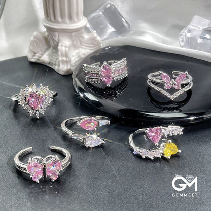 Heart Butterfly Pink Zircon Open Ring