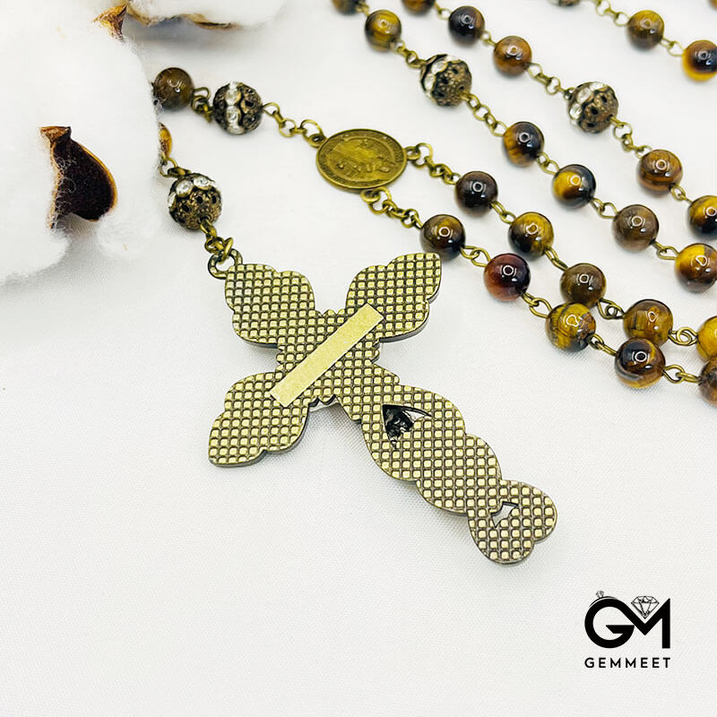 Tiger Eye Cross Pendant Rosary Necklace