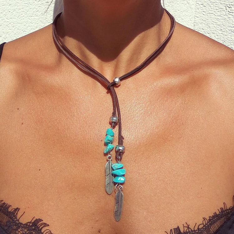 Turquoise Leather Cord Alloy Feather Pendant Necklace