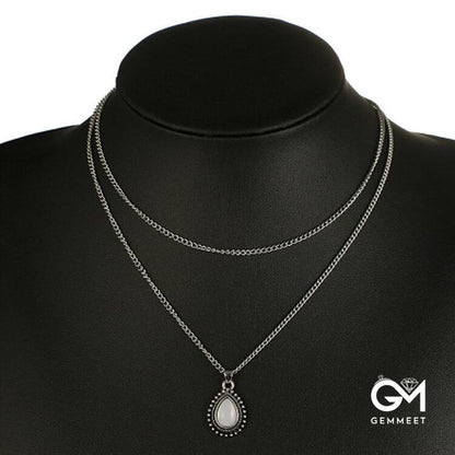 Personality Fashion Drop Opal Double Layer Necklace