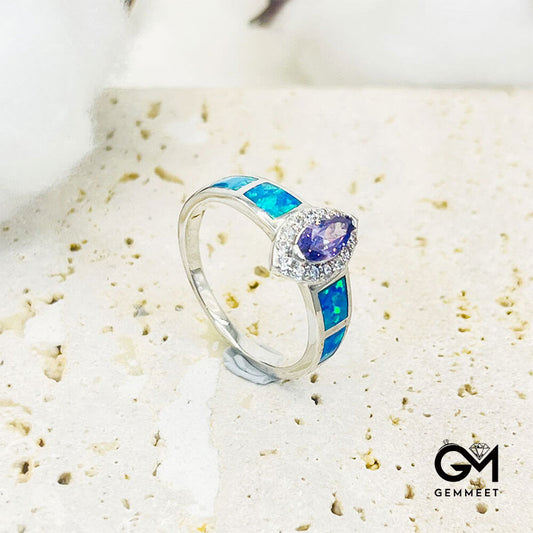 Vintage Blue Opal With Oval Amethyst Ring