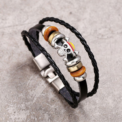 Punk Braided Leather Simple Multi-layer Ghost Head Buckle Bracelet