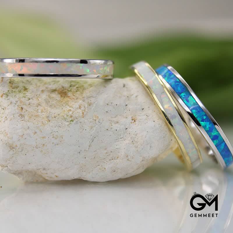 Eternity White Opal Band Sterling Silver Ring