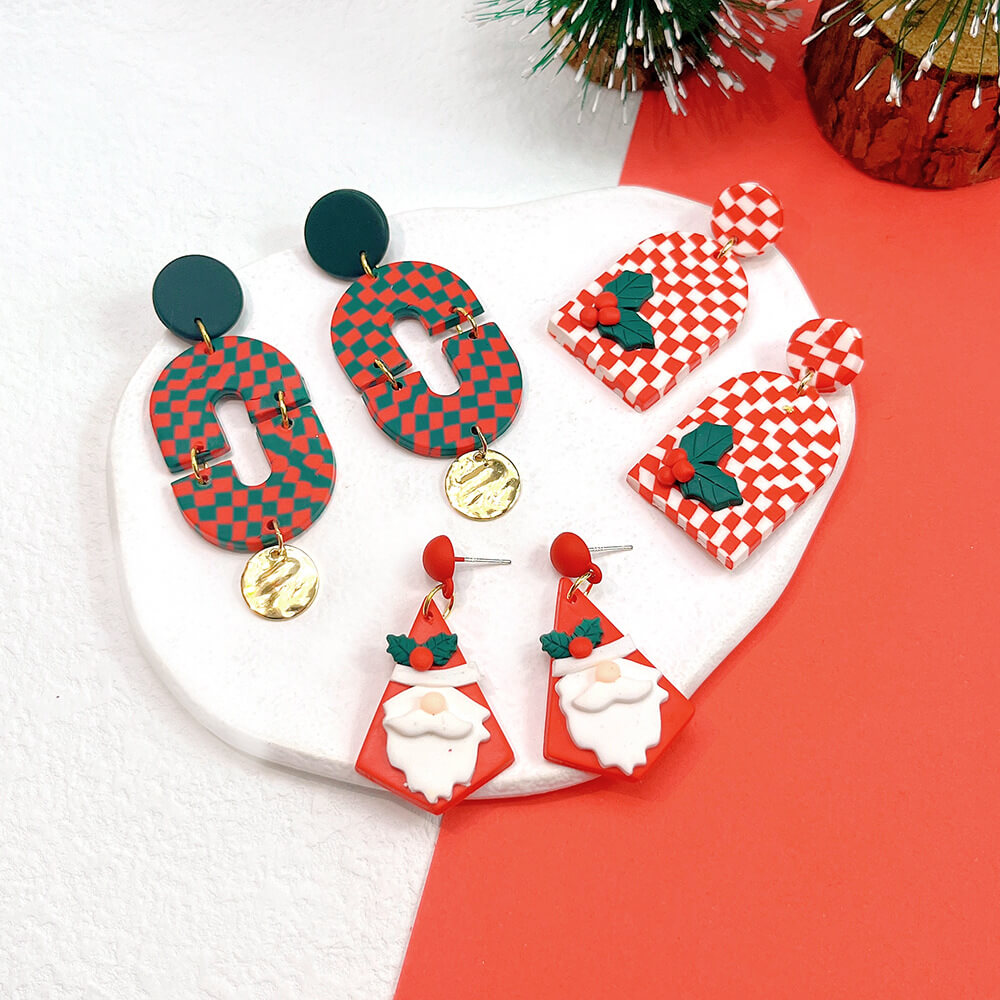 Christmas Earrings Ornament Plaid Geometric Snowman Stud Earrings