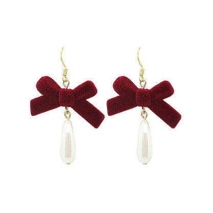 "Christmas Girl" Wine Red Velvet Bow Autumn and Winter Retro Sweet and Cute Imitation Pearl Earrings