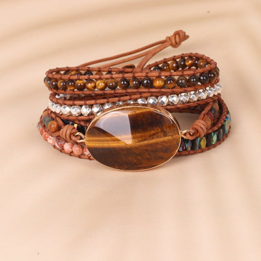 Tiger Eye Woven Leather Bracelet Beaded