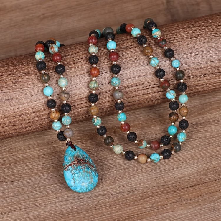 Turquoise Drop Shape Pendant Mala Beaded Necklace