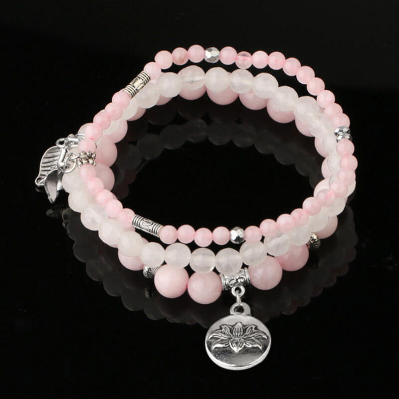 Fashion Three Row Bracelet Natural Stone Crystal Rose Pendant Hand Decoration 6mm Bead Elastic Bracelet