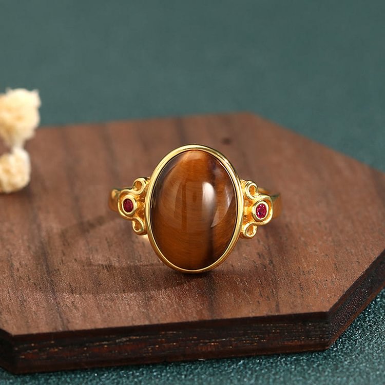 Oval Tiger Eye Rose Zirconia Gold Adjustable Ring