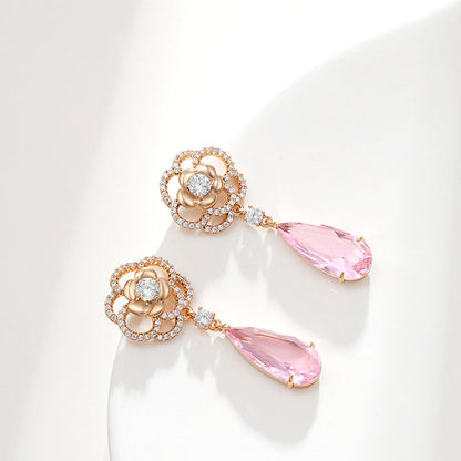 Light Luxury Camellia Water Drop Long Stud Earrings