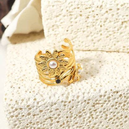 Women's 18K Gold Plated Pearl Sunflower Ring