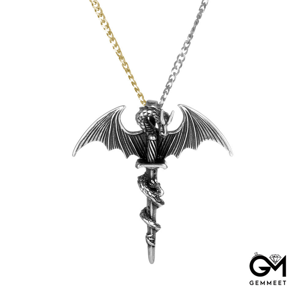 Titanium Steel Wing Dragon Sword Pendant Necklace