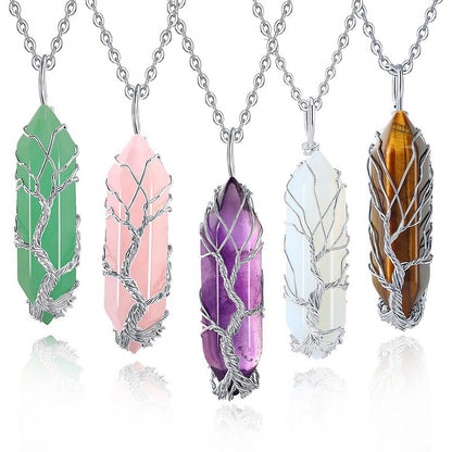 Crystal With Tree Of Life Gemstone Necklace