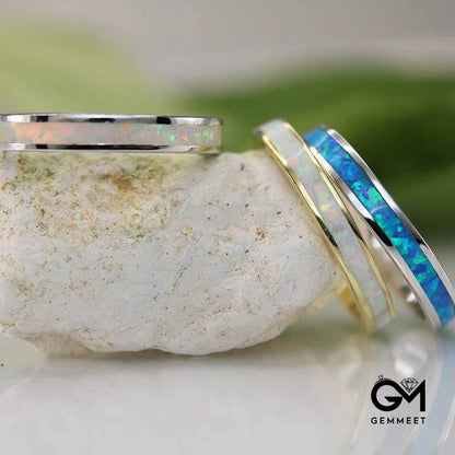 White Opal Band Sterling Silver Ring