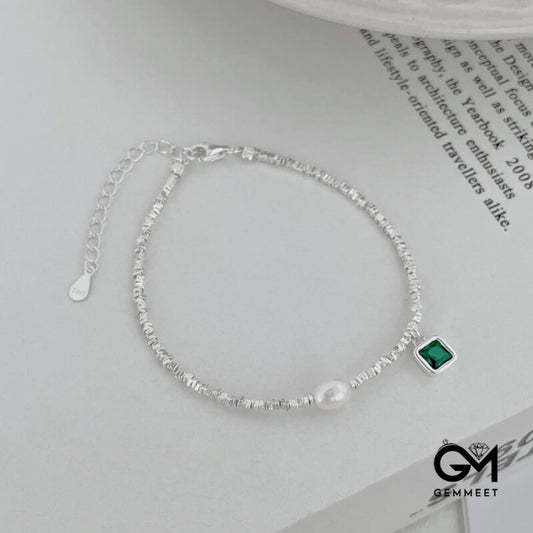 S925 Sterling Silver Pearl Square Green Zircon Bracelet