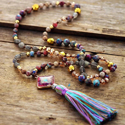 Mala Beads Natural Stone Chakra Tassel Necklace