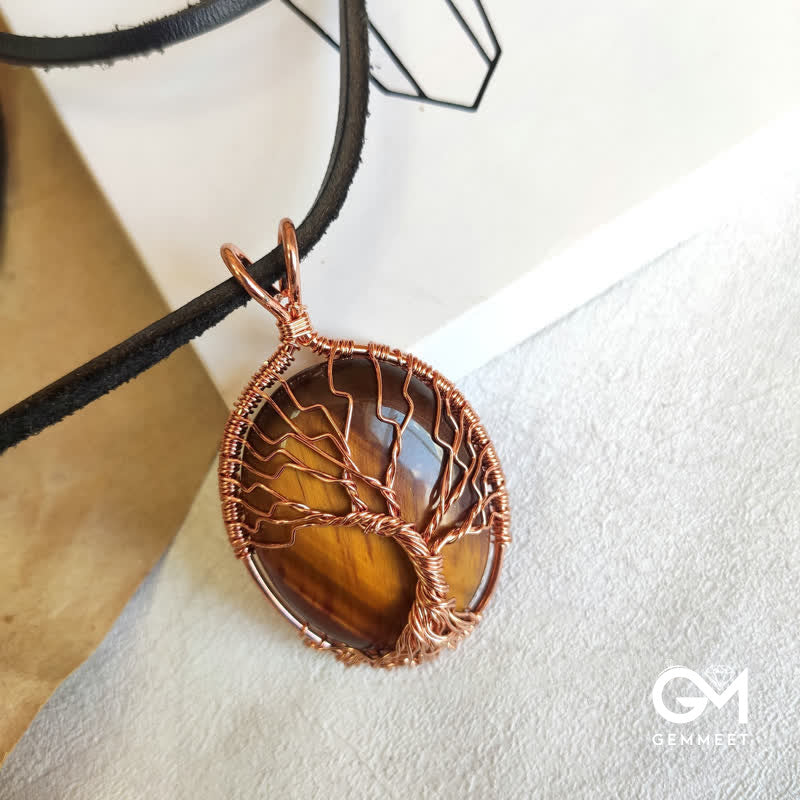 Oval Tiger Eye Tree of Life Stone Necklace